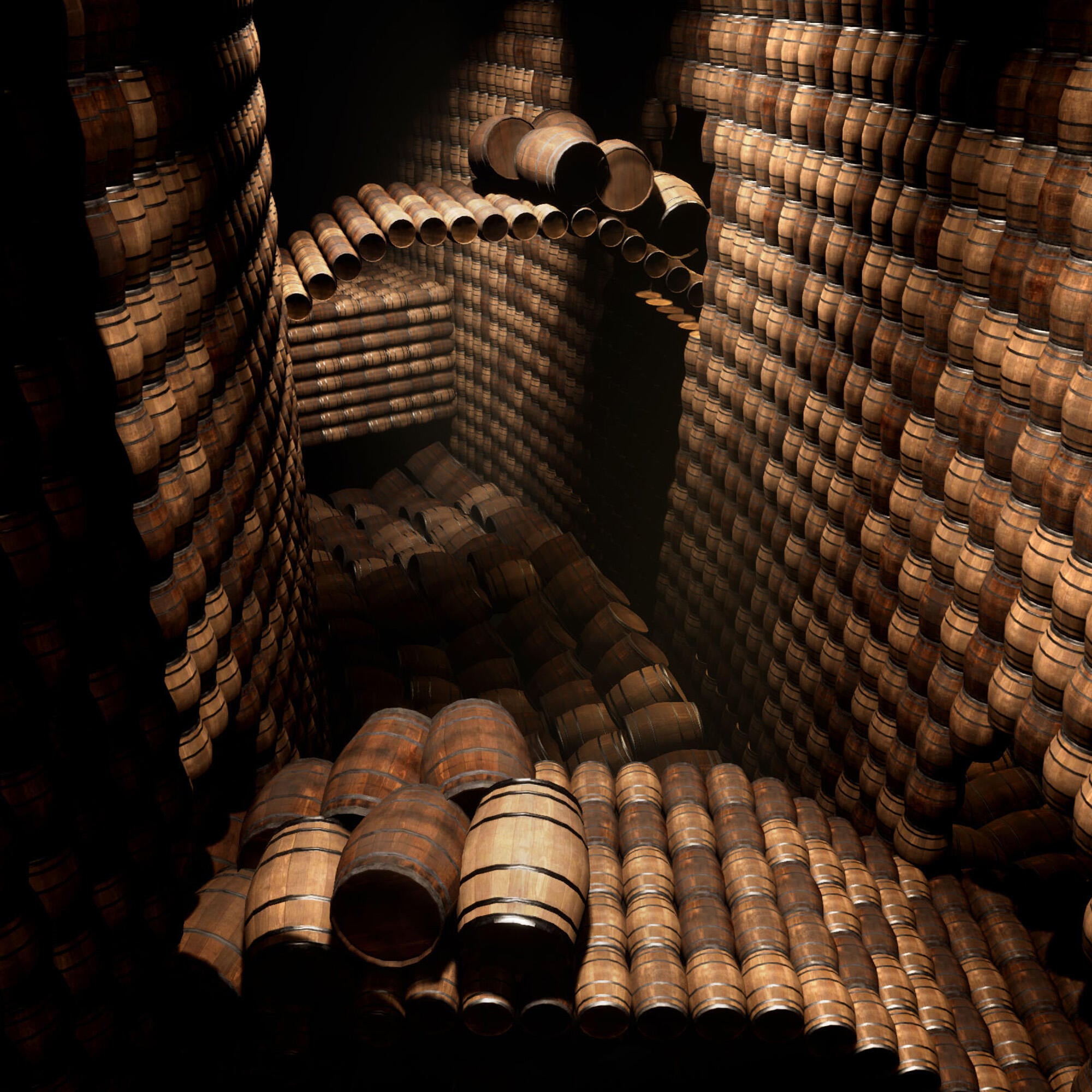 Extrait de MOBILIS, notre expérience immersive en réalité virtuelle, montrant des centaines de barriques de chêne alignées dans nos chais